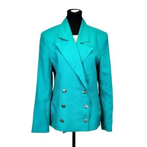Edgy Vintage Textured Linen Double Breasted Blazer Womens 14 Teal Blue 80s